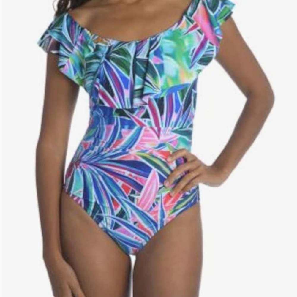 Tropical Ruffle One-Piece Swimsuit in Blue Multi